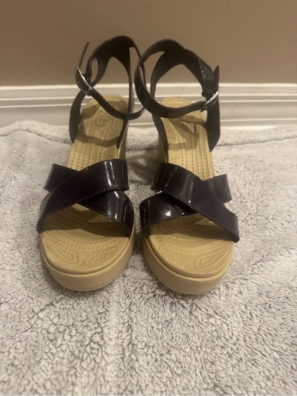 CROCS Patent Leather-Look Ankle Strap Wedges in dark purple and Tan